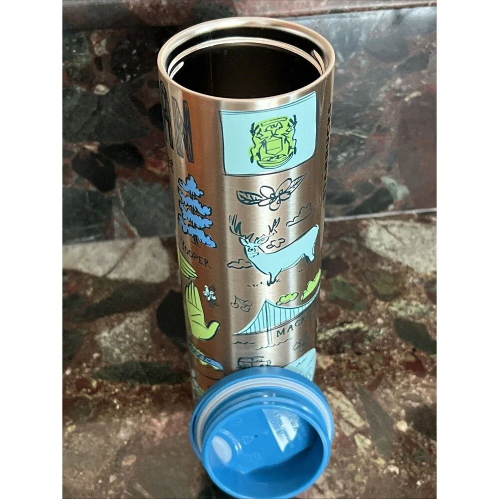 Starbucks Been There Series Michigan Stainless Steel Tumbler 16 Oz Blue Lid